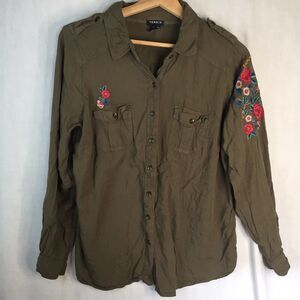 Dark Olive Green w Embroidered Flowers Long Sleeve Shirt Torrid Size 00  Rayon